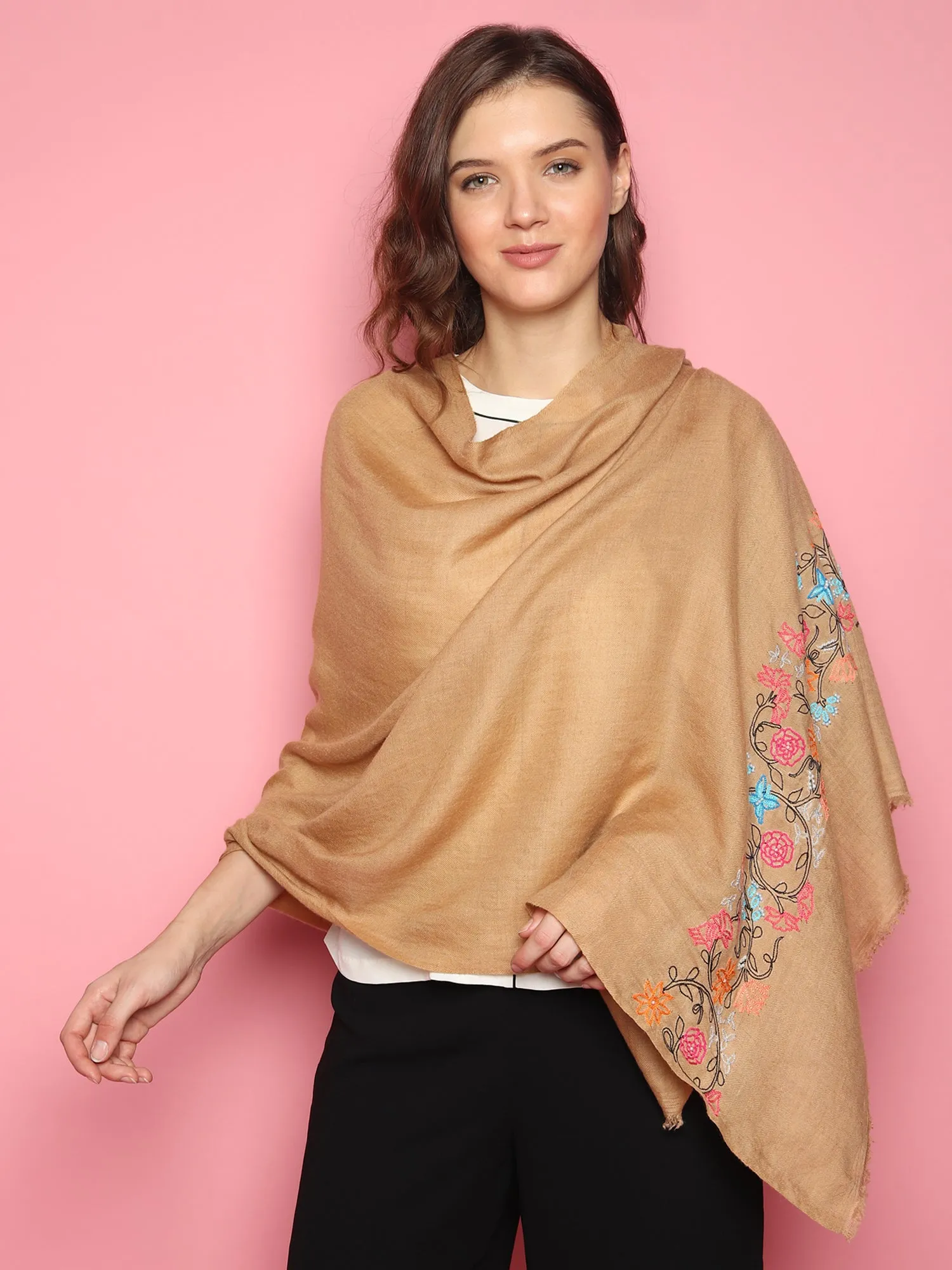 100% Pure Pashmina  Brown Shawl with hand embroidered floral pattern
