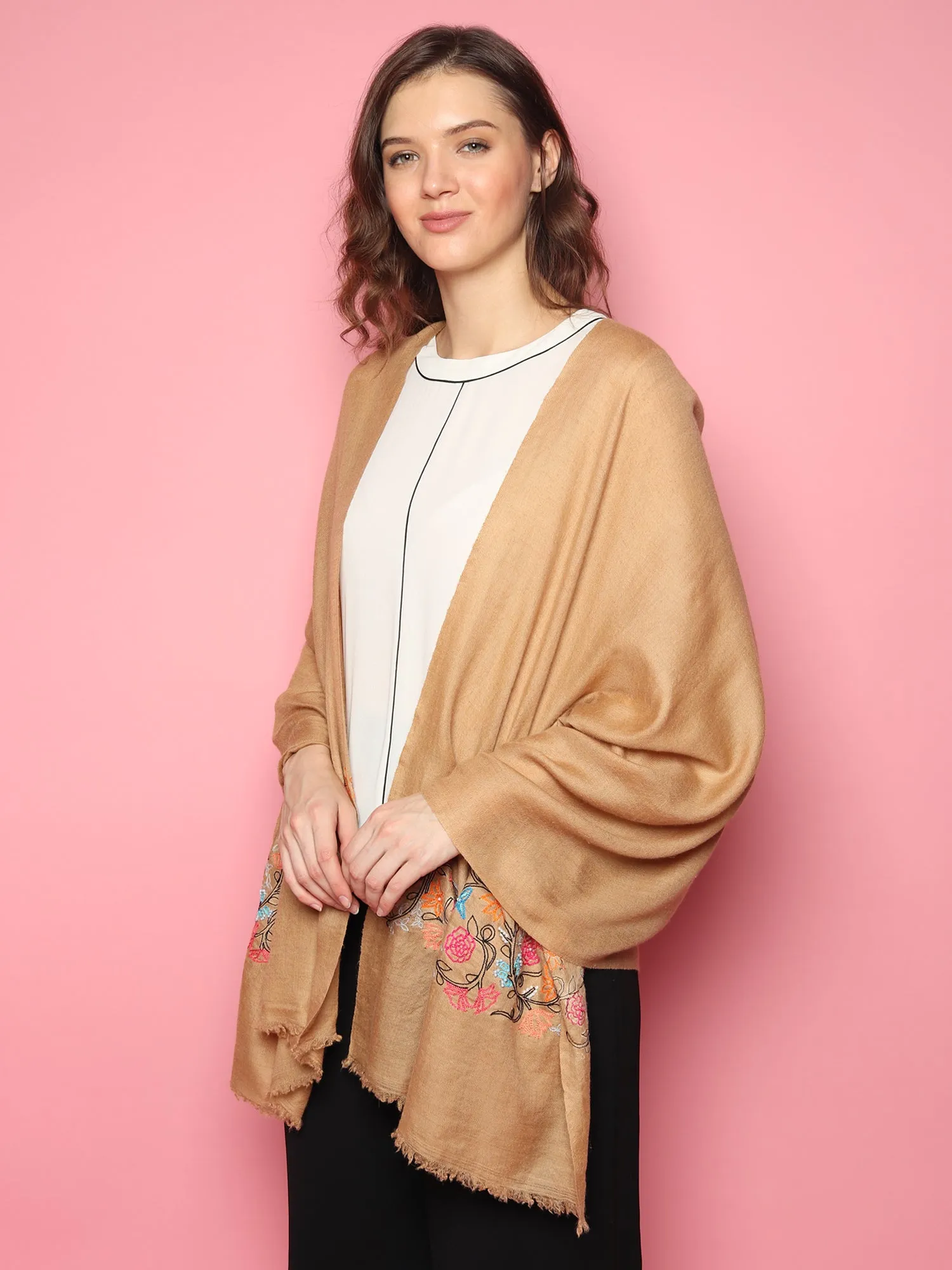 100% Pure Pashmina  Brown Shawl with hand embroidered floral pattern