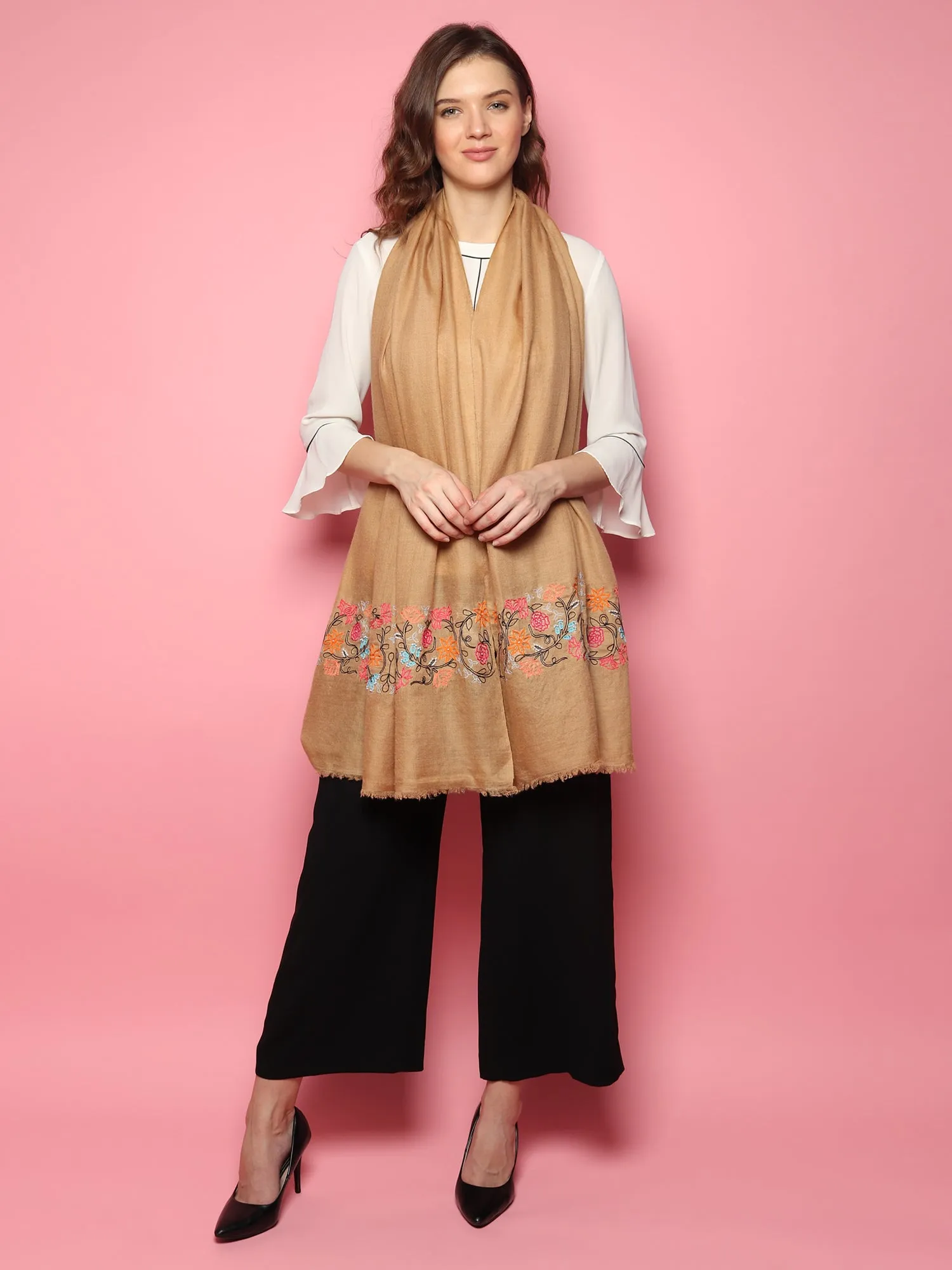 100% Pure Pashmina  Brown Shawl with hand embroidered floral pattern