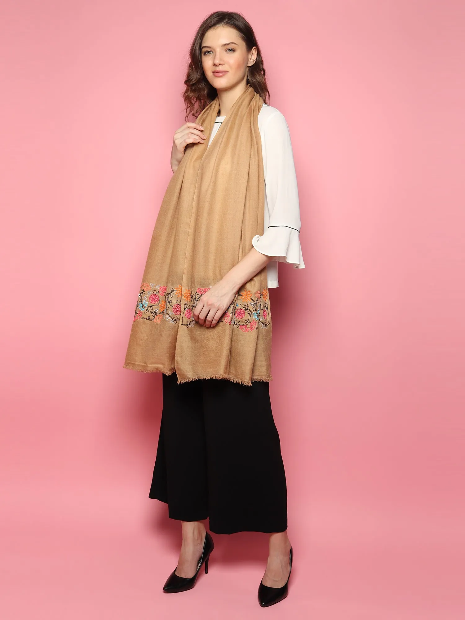 100% Pure Pashmina  Brown Shawl with hand embroidered floral pattern