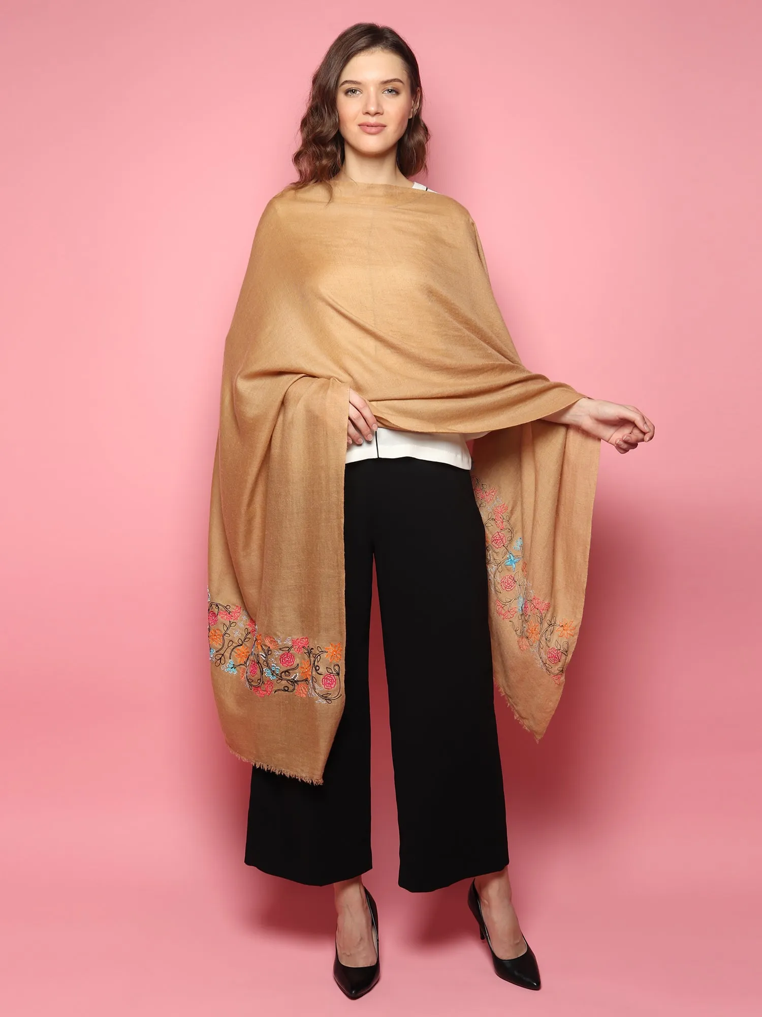 100% Pure Pashmina  Brown Shawl with hand embroidered floral pattern