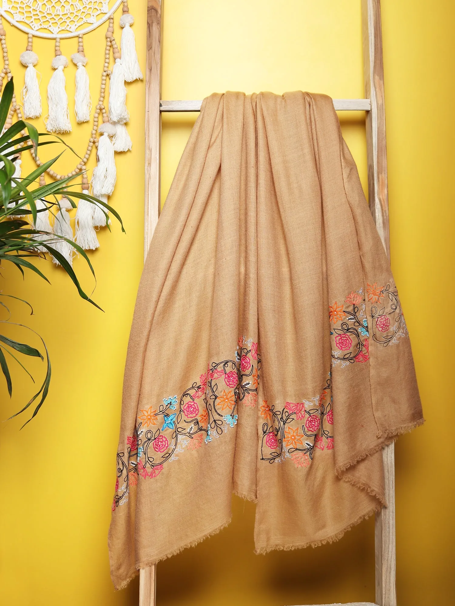 100% Pure Pashmina  Brown Shawl with hand embroidered floral pattern