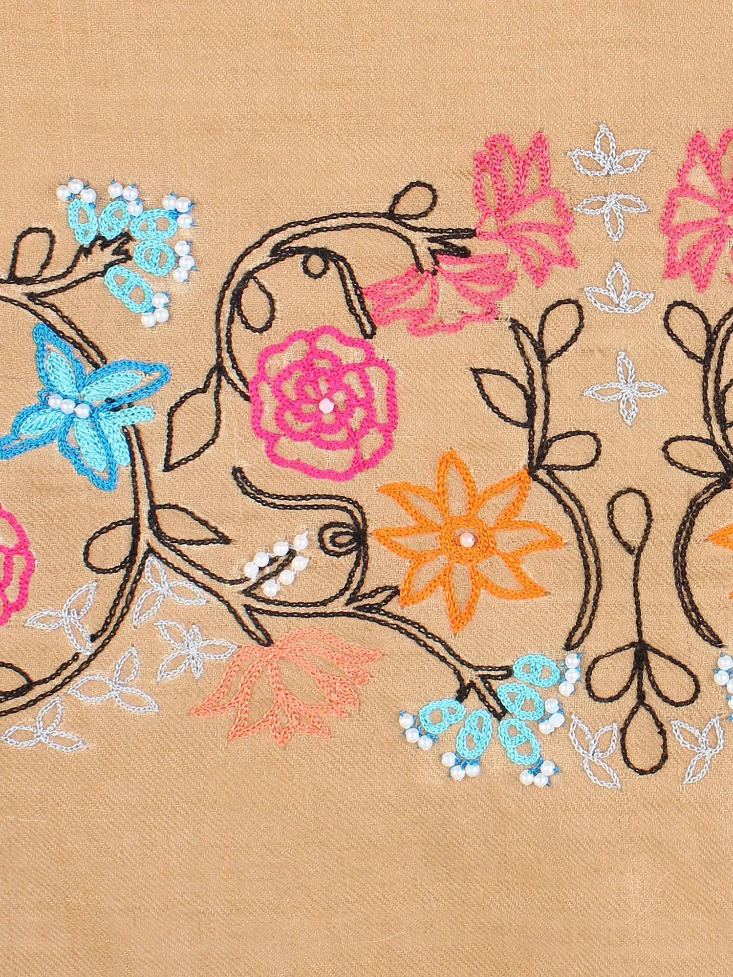 100% Pure Pashmina  Brown Shawl with hand embroidered floral pattern