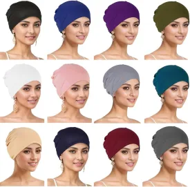12 Pieces Solid Women Chemo Hat Stretchy Turban Beanie,Pre Tied Chemo Head Scarf Beanie Skull Cover Cap for Women Hair Loss