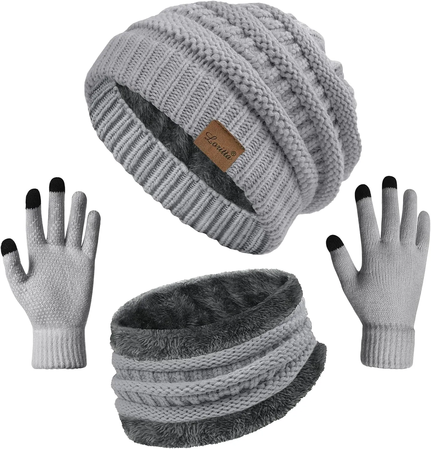 3 Pieces Winter Beanie Hat Scarf Touch Screen Gloves Set Thick Warm Knit Skull Cap Fleece Lined Scarves Gifts for Women