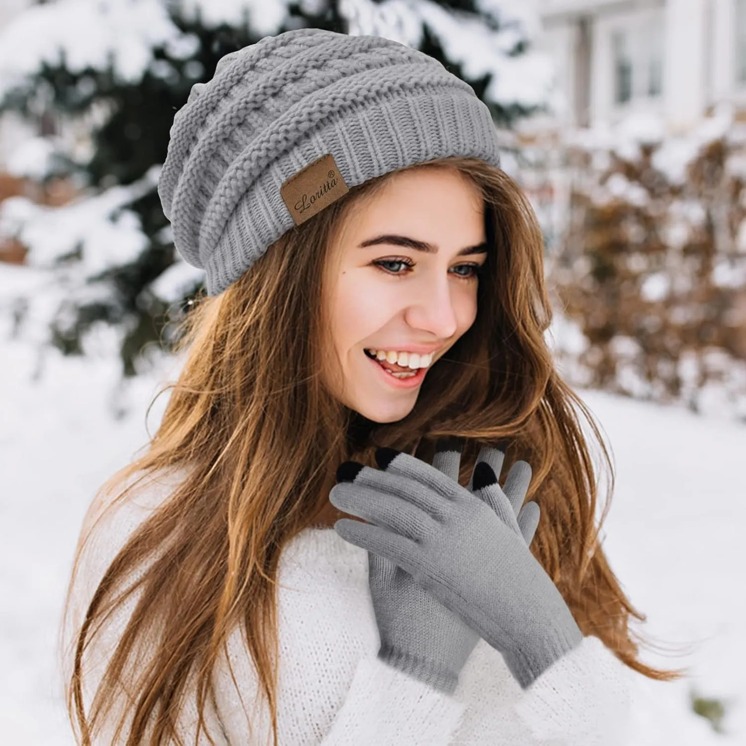 3 Pieces Winter Beanie Hat Scarf Touch Screen Gloves Set Thick Warm Knit Skull Cap Fleece Lined Scarves Gifts for Women