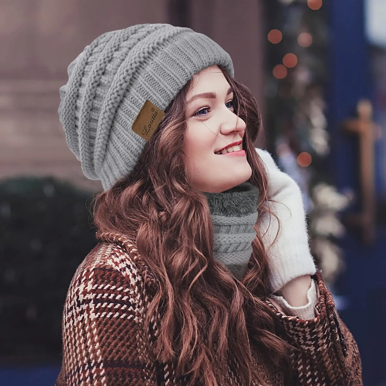 3 Pieces Winter Beanie Hat Scarf Touch Screen Gloves Set Thick Warm Knit Skull Cap Fleece Lined Scarves Gifts for Women
