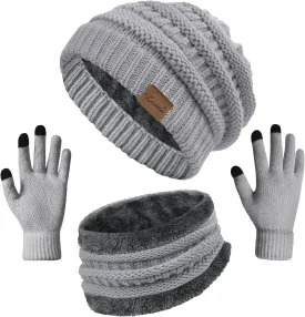 3 Pieces Winter Beanie Hat Scarf Touch Screen Gloves Set Thick Warm Knit Skull Cap Fleece Lined Scarves Gifts for Women