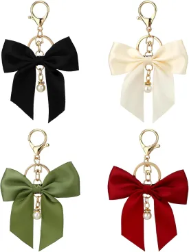 4 Pack Purse Charms Bow Keychain for Handbag, Cute Car Key Chain, Black Red White Green Bowknot Key Ring, Bag Charm Pendant for Girls