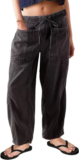 Barrel Jeans for Women Stretch Elastic Waist Pull-on Wide Leg Baggy Pants Lightweight Casual Crop Denim with Drawstring
