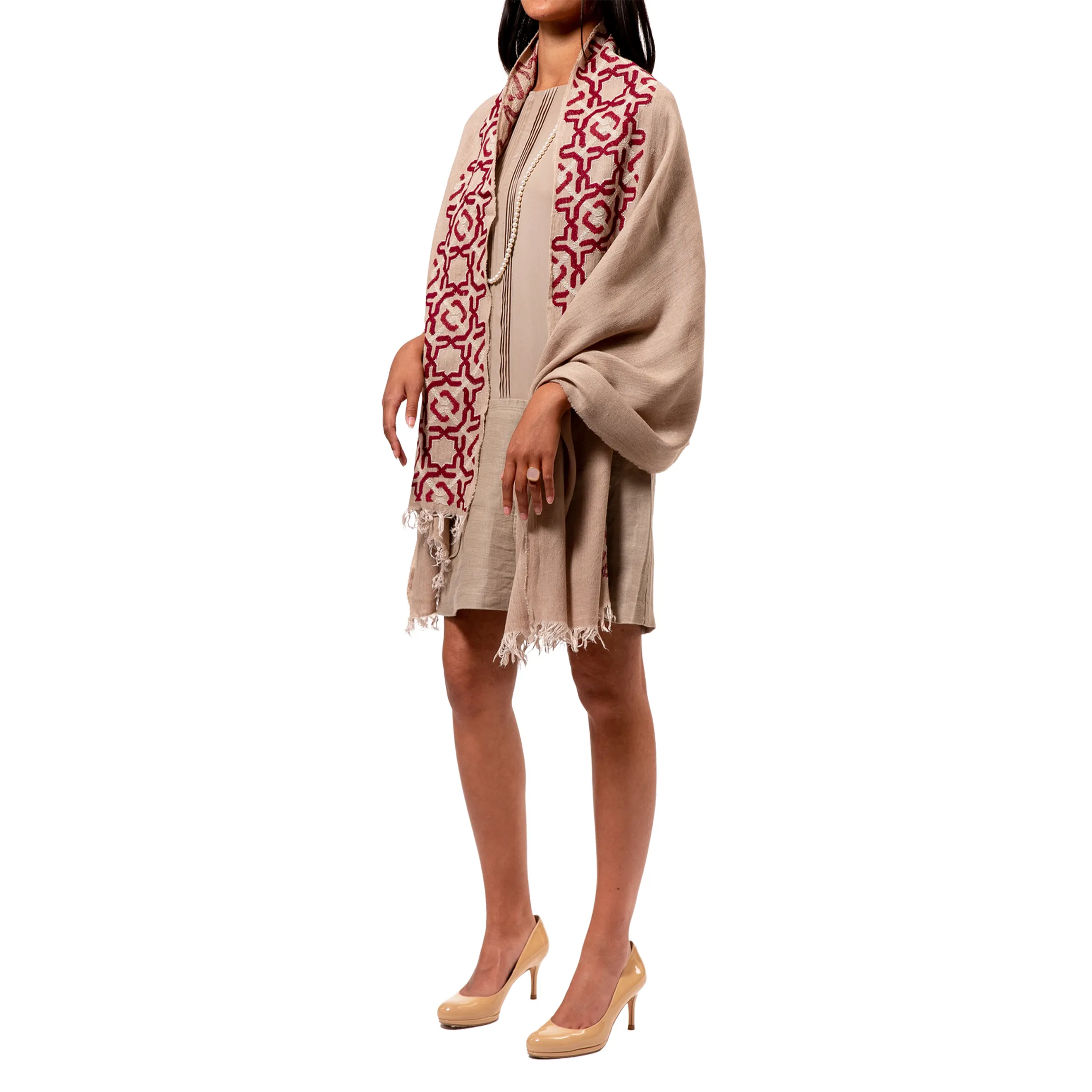 BEIGE LINEN SHAWL BURGUNDY ALHAMBRA