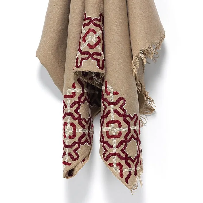 BEIGE LINEN SHAWL BURGUNDY ALHAMBRA