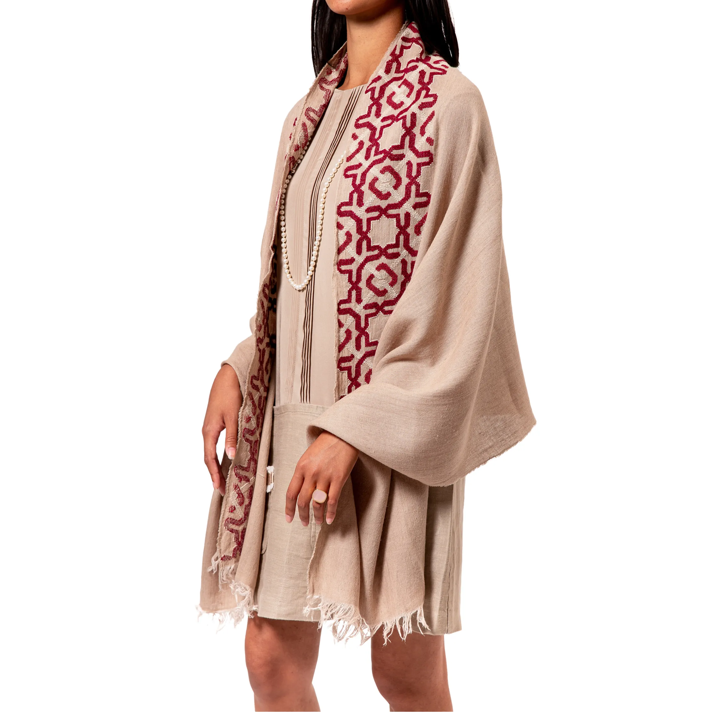 BEIGE LINEN SHAWL BURGUNDY ALHAMBRA