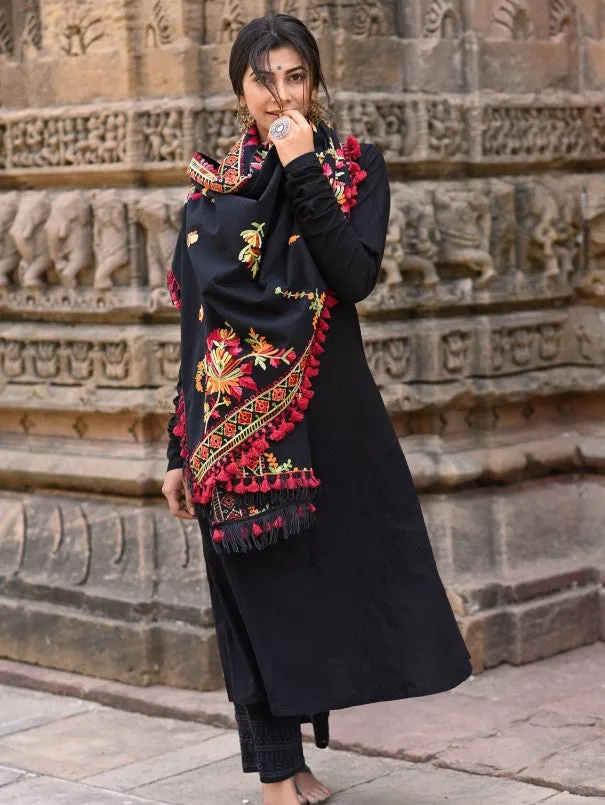 Black Kashmiri Motif Aari Embroidered Khadi Shawl/Dupatta
