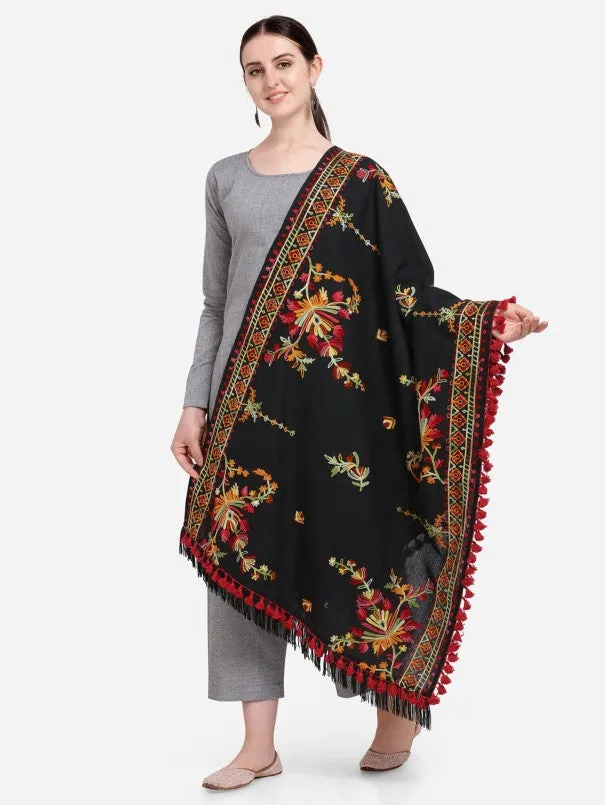Black Kashmiri Motif Aari Embroidered Khadi Shawl/Dupatta