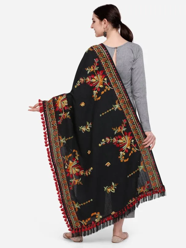 Black Kashmiri Motif Aari Embroidered Khadi Shawl/Dupatta