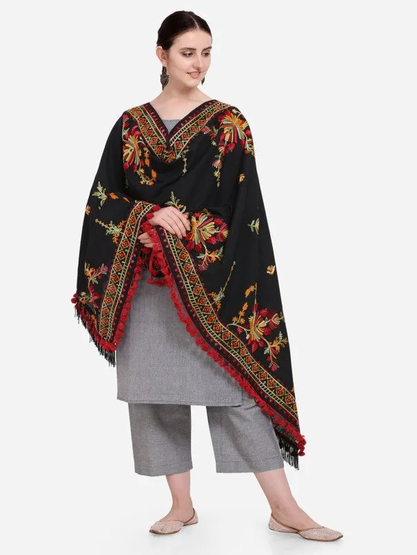 Black Kashmiri Motif Aari Embroidered Khadi Shawl/Dupatta