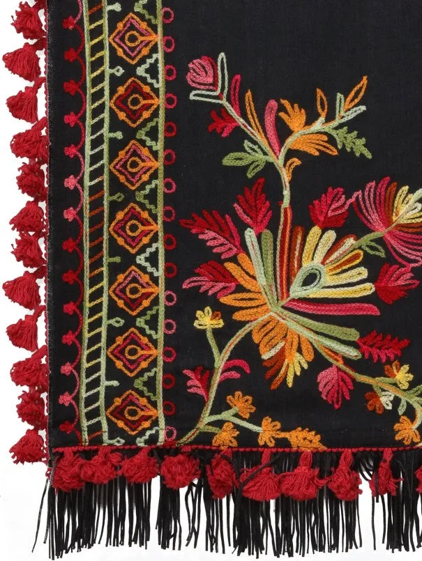 Black Kashmiri Motif Aari Embroidered Khadi Shawl/Dupatta