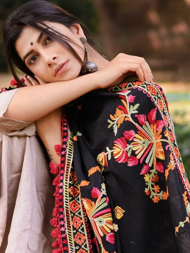 Black Kashmiri Motif Aari Embroidered Khadi Shawl/Dupatta