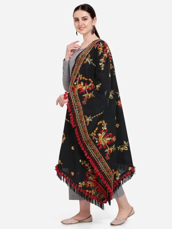 Black Kashmiri Motif Aari Embroidered Khadi Shawl/Dupatta