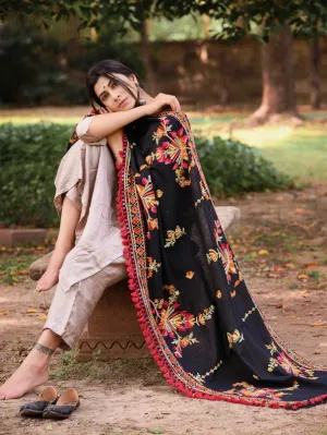 Black Kashmiri Motif Aari Embroidered Khadi Shawl/Dupatta