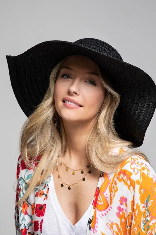 Black Wide Brim Sun Beach Vacation Woven Floppy Hat Women's Casual