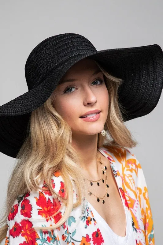 Black Wide Brim Sun Beach Vacation Woven Floppy Hat Women's Casual
