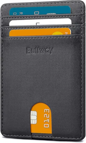 Buffway Mens Slim Wallet, Minimalist Thin Front Pocket Leather Credit Card Holder with RFID Blocking for Work Travel