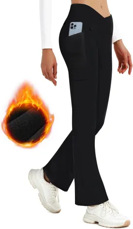 BVVU Women's Fleece Lined Pants Hiking Crossover Flare Winter Thermal Pants Water Resistant Outdoor Bootcut Warm Joggers