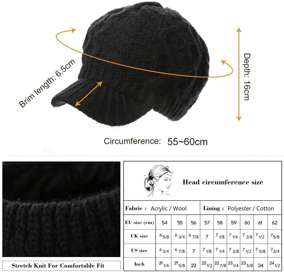 Comhats Womens Winter Wool Newsboy Hats Knitted Billed Crochet Beanies with Brim Skull Visors Ski Casual