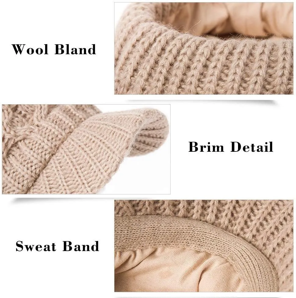 Comhats Womens Winter Wool Newsboy Hats Knitted Billed Crochet Beanies with Brim Skull Visors Ski Casual