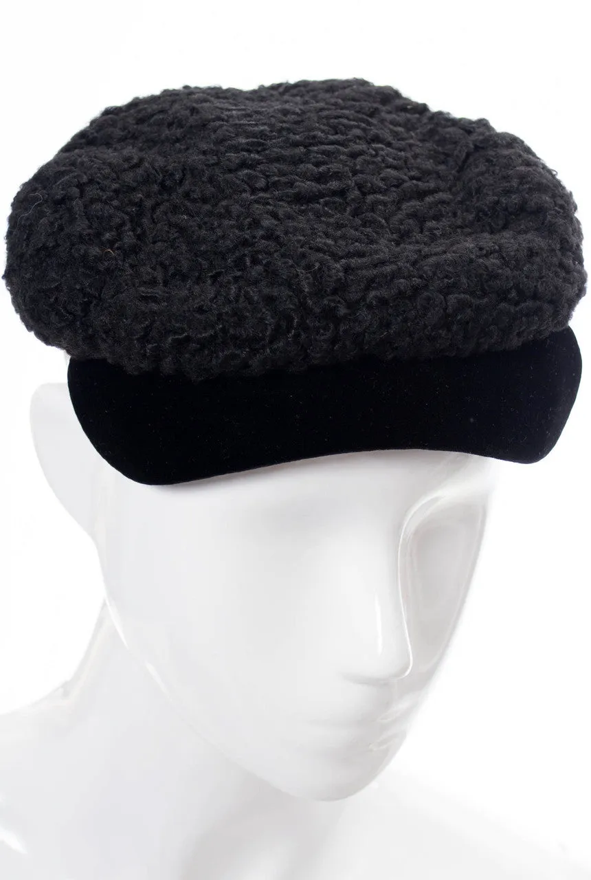 Hattie Carnegie I Magnin late 1930s vintage curly lambswool hat with velvet trim