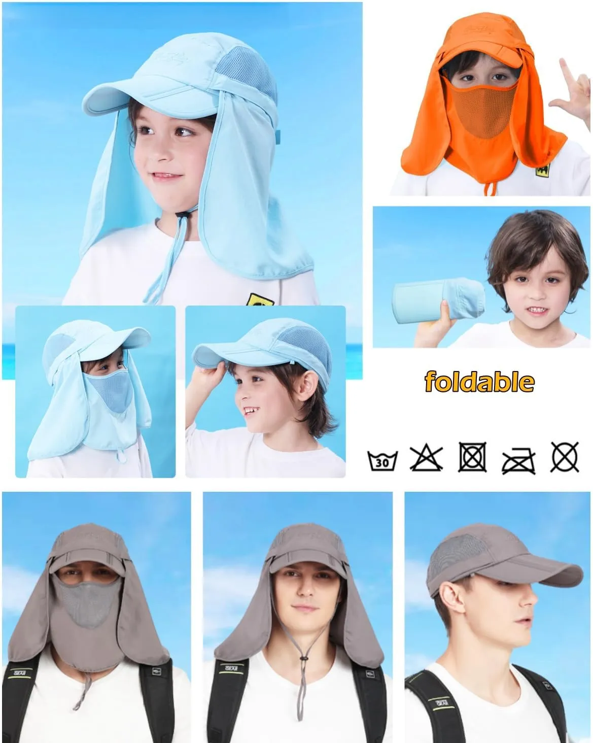 LLmoway Mens Womens Kids Sun Protection Fishing Hat Safari Flap Cap Quick Dry