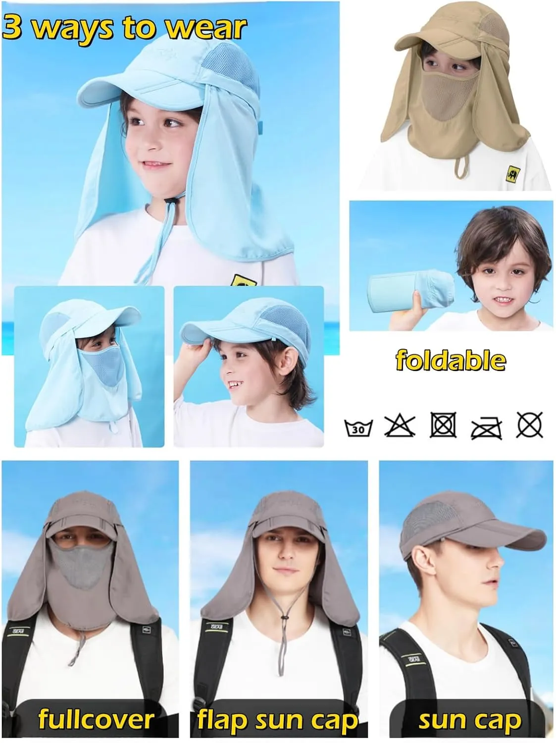 LLmoway Mens Womens Kids Sun Protection Fishing Hat Safari Flap Cap Quick Dry