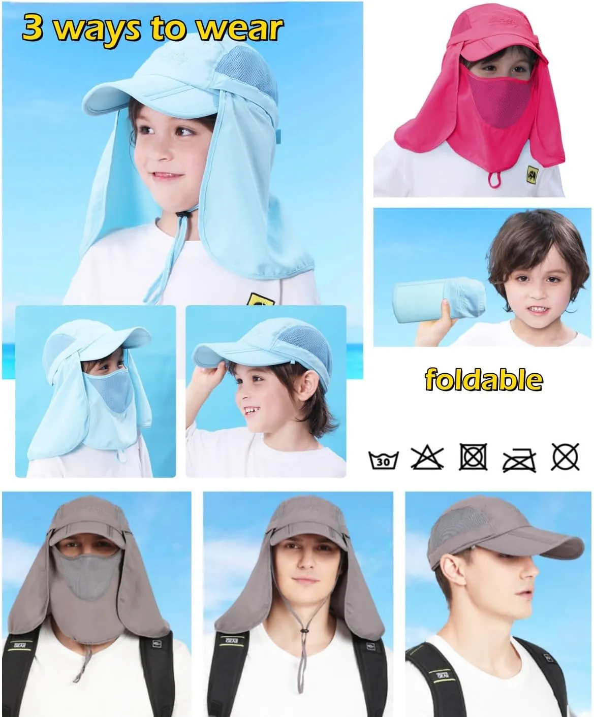 LLmoway Mens Womens Kids Sun Protection Fishing Hat Safari Flap Cap Quick Dry