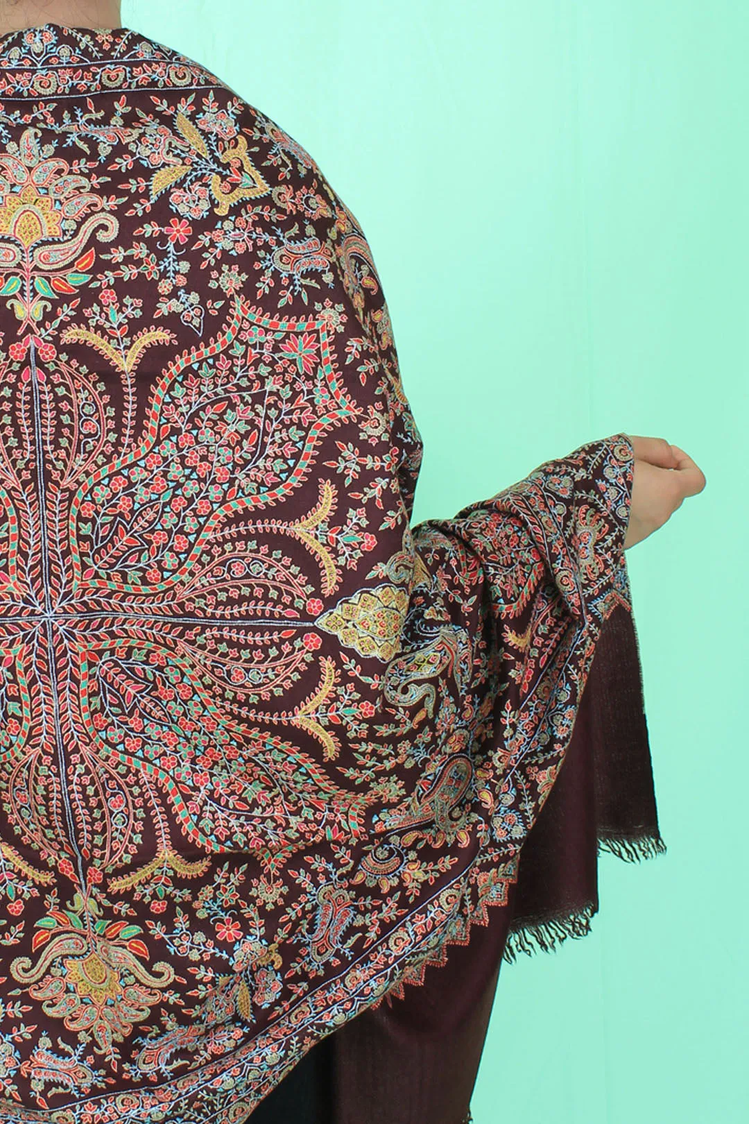 Mahroosh Wine Red Advardar Sozni Jamavar Pashmina Shawl