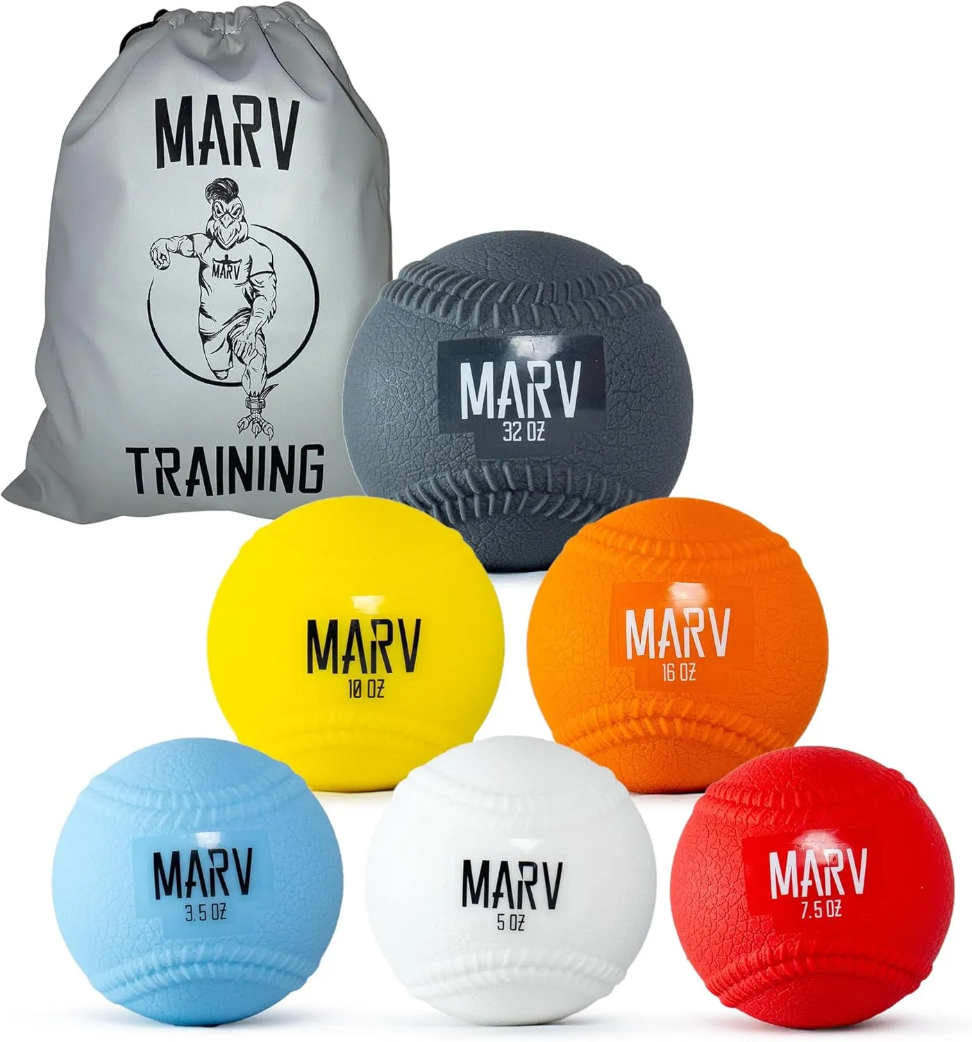 Marv Balls - Velo Set (Soft Shell Plyo Baseball) Original Plyo with Seams Velocity Development Set - 6 Weighted Baseballs