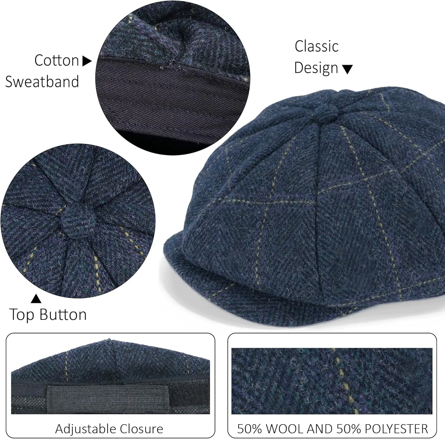Mens Woolen Newsboy Cap Tweed Gatsby Ivy Cabbie Flat Golf Hat Present for Fathers Women Unisex