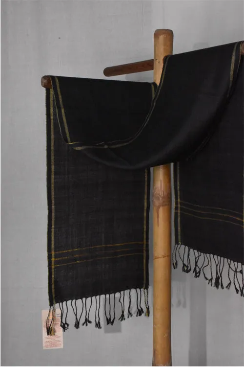 Pure Woolen Scarf | Black With Yellow Border & Striped Pallu