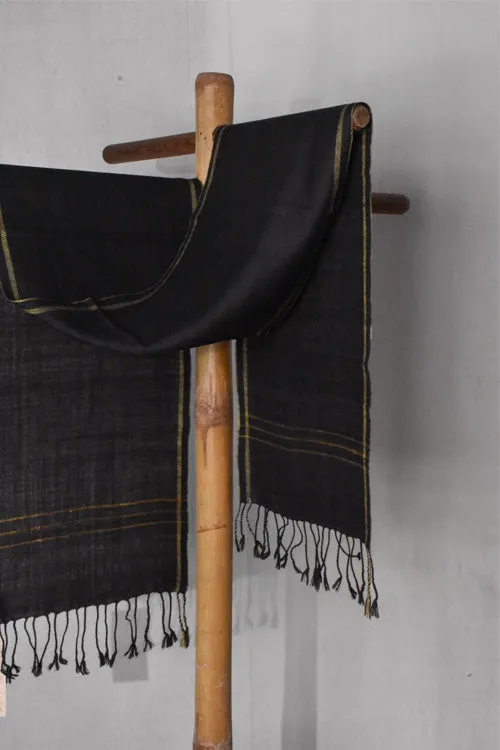 Pure Woolen Scarf | Black With Yellow Border & Striped Pallu