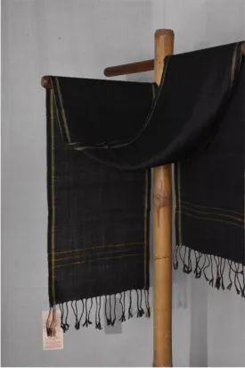 Pure Woolen Scarf | Black With Yellow Border & Striped Pallu