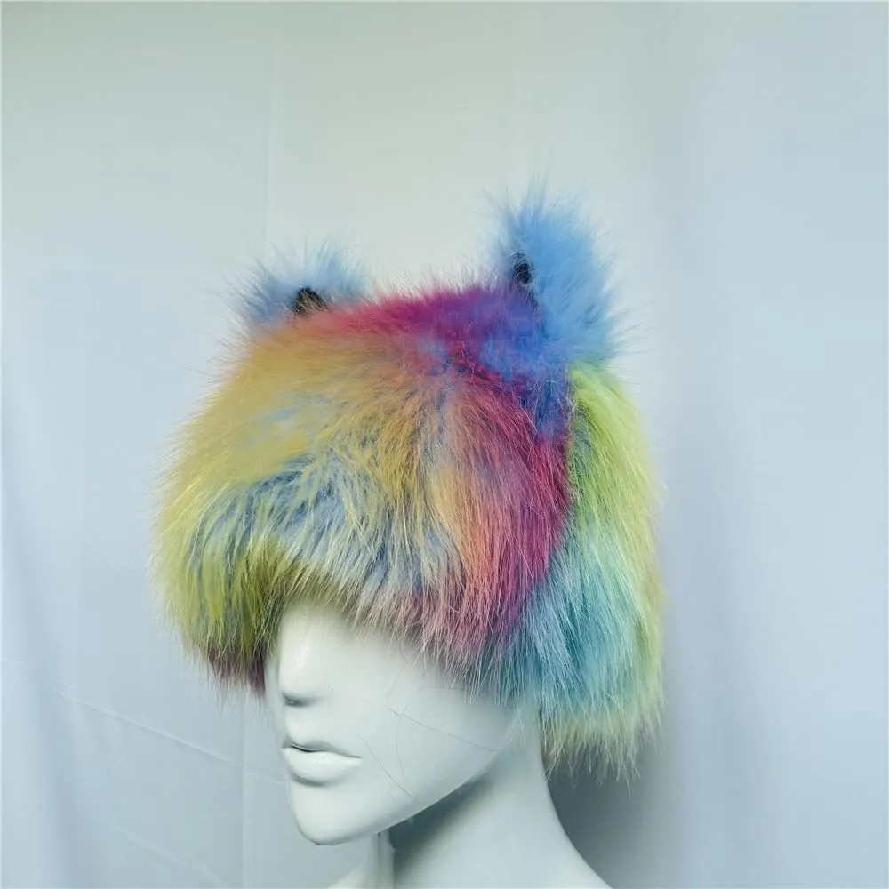 PURFUN Colorful Faux Fur Earflap Hats with Cat Ear, Adults Animal Theme Wolf Hooded Hat Cosplay Halloween Costume Caps