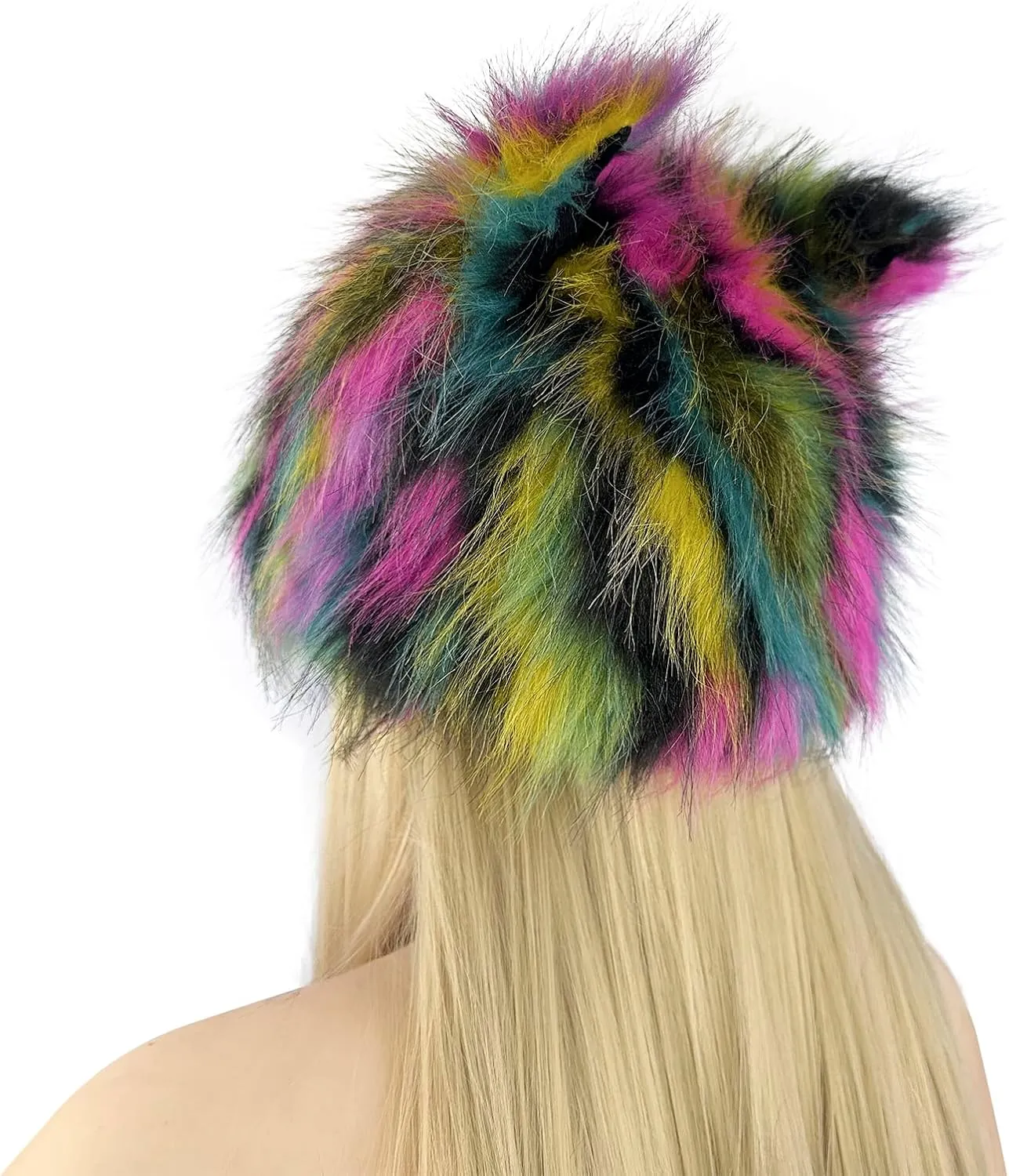PURFUN Colorful Faux Fur Earflap Hats with Cat Ear, Adults Animal Theme Wolf Hooded Hat Cosplay Halloween Costume Caps