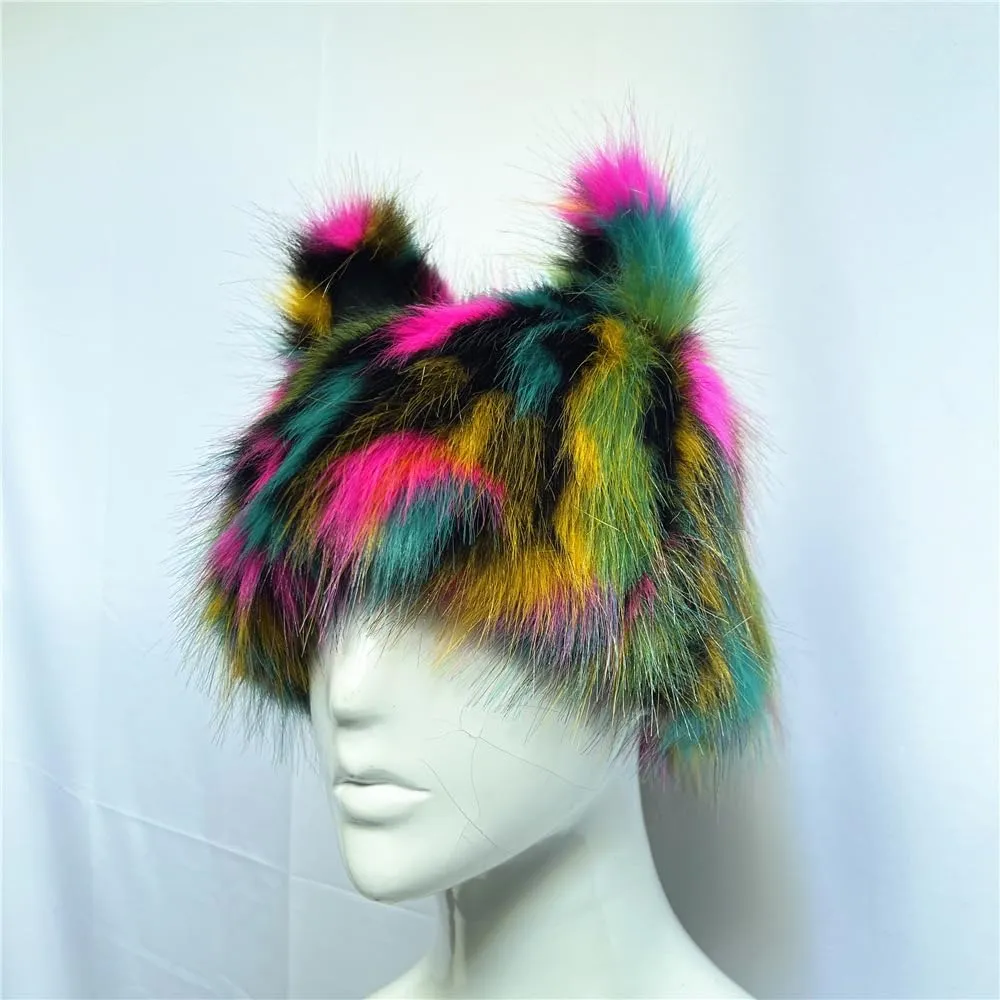 PURFUN Colorful Faux Fur Earflap Hats with Cat Ear, Adults Animal Theme Wolf Hooded Hat Cosplay Halloween Costume Caps