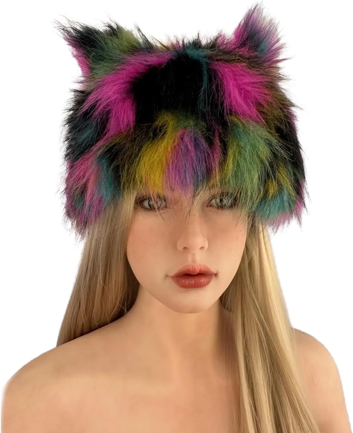 PURFUN Colorful Faux Fur Earflap Hats with Cat Ear, Adults Animal Theme Wolf Hooded Hat Cosplay Halloween Costume Caps