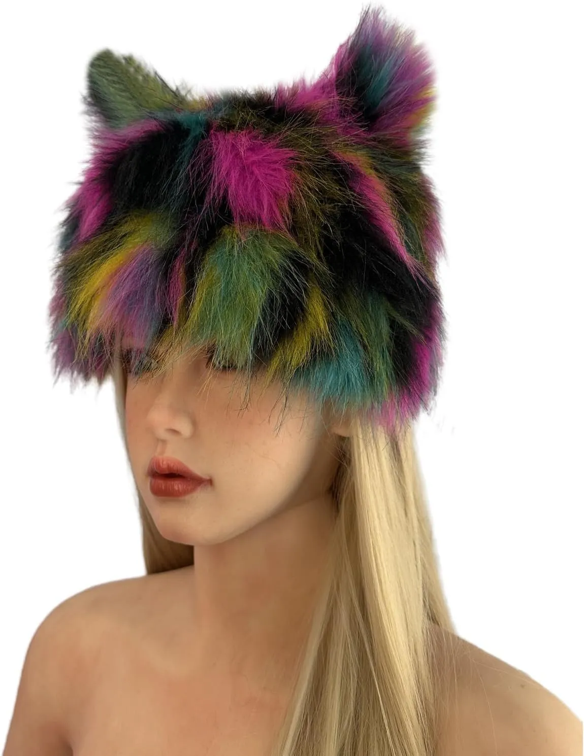 PURFUN Colorful Faux Fur Earflap Hats with Cat Ear, Adults Animal Theme Wolf Hooded Hat Cosplay Halloween Costume Caps