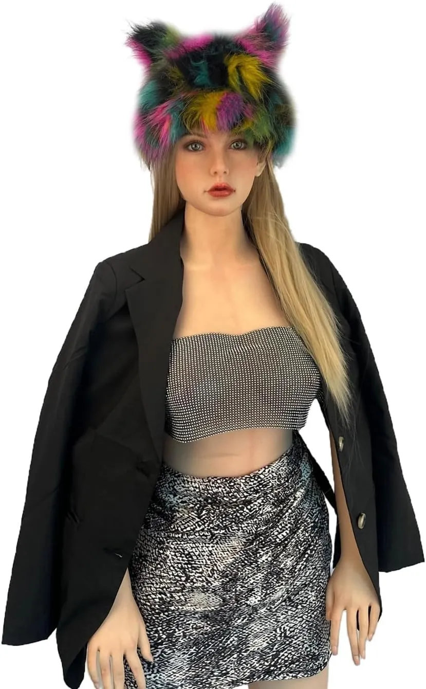 PURFUN Colorful Faux Fur Earflap Hats with Cat Ear, Adults Animal Theme Wolf Hooded Hat Cosplay Halloween Costume Caps