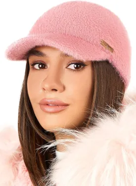 Rose Pink Beanie Visor - Womens Winter Wool Knit Hat with Brim - Billed Knit Cap Newsboy Hats
