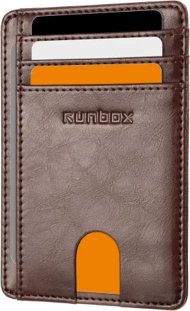 RUNBOX Slim Minimalist RFID Blocking Front Pocket Leather Wallets for Men Women Gift Box Coffee