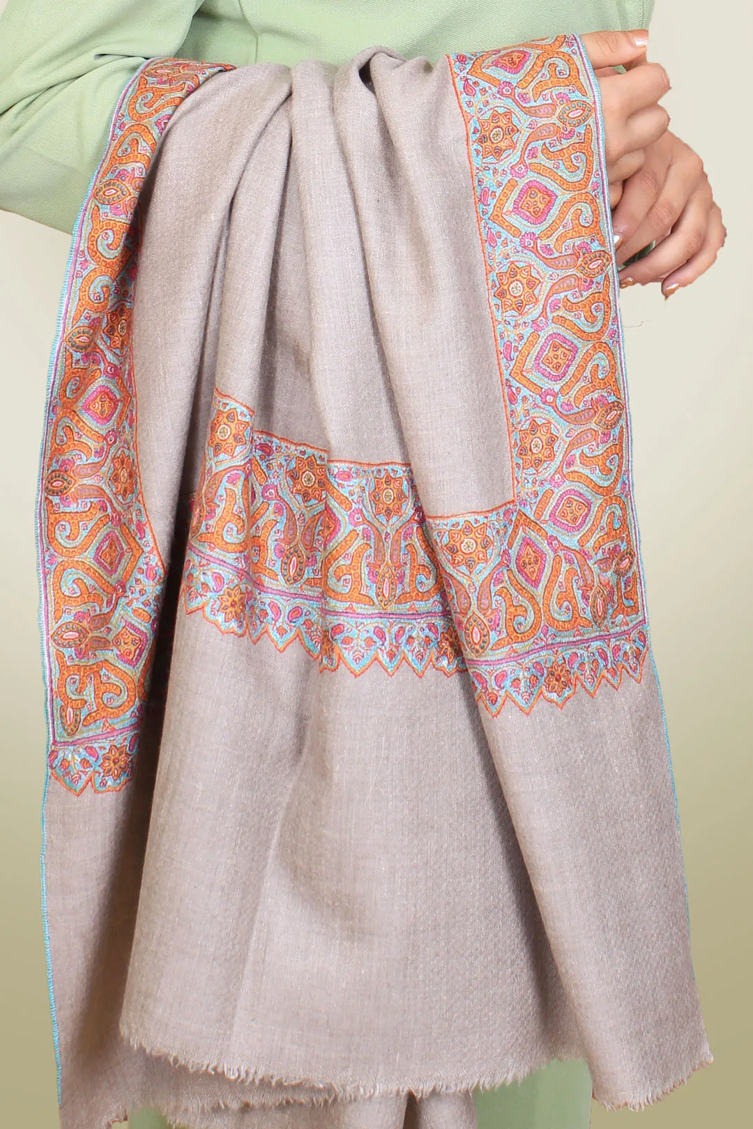 Saira Nude Beige Dourdar Sozni Embroidered Pashmina Shawl